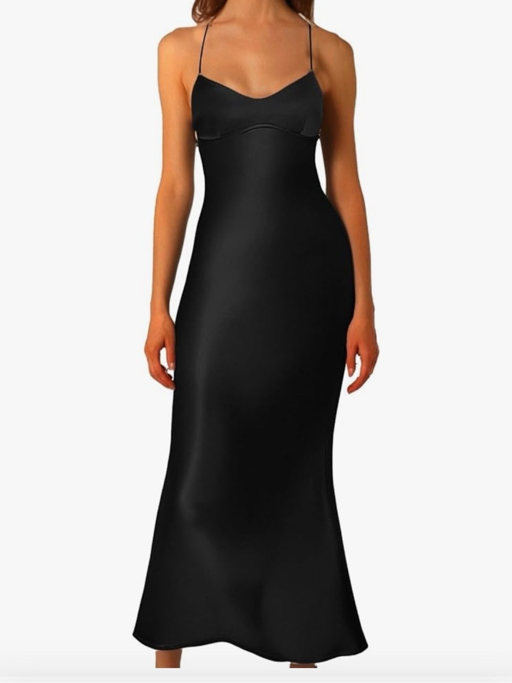 Wayf Black Satin Slip Midi Dress with Spaghetti Straps